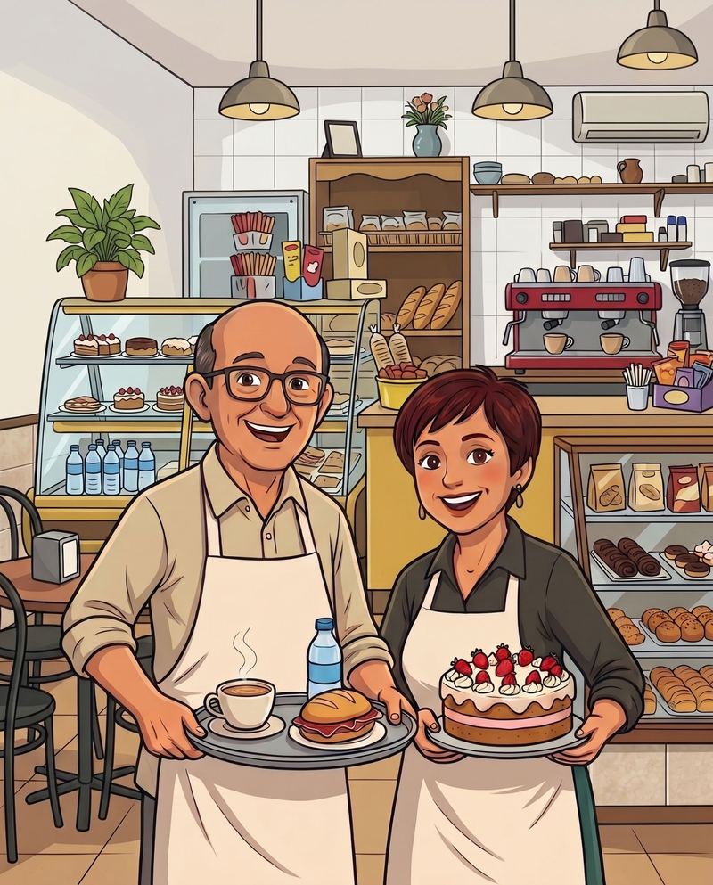 Ilustración de Bartolomé y Lola en su panadería, con un desayuno de café y pitufo de jamón, y una tarta de cumpleaños.